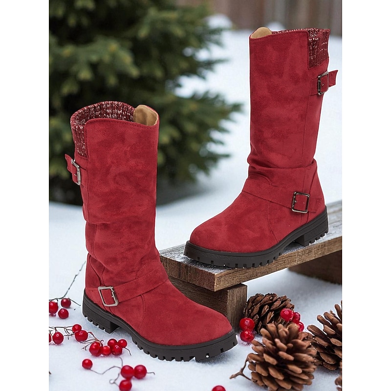 Women's Red Faux Suede Mid-Calf Boots with Adjustable Buckles and Non-Slip Sole, Casual Comfort Knit Boots for Christmas & Daily Wear3