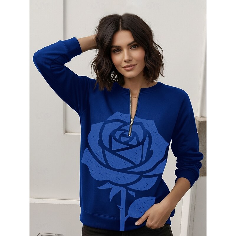 Women's Pullover Sweatshirt Zip Up Sweatshirts Rose Fashion Casual Long Sleeve Crew Neck Regular Tops Street Dailywear Casual Zipper Print Navy Blue Blue Army Green Spring Fall Winter2