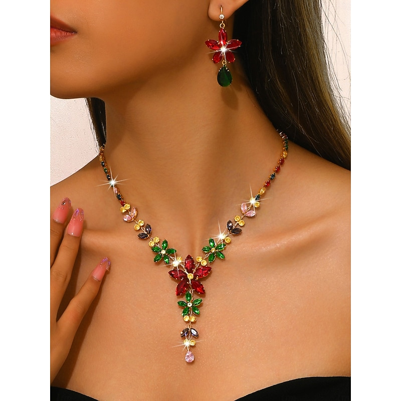 Women's Colorful Crystal Necklace and Earrings Set, Elegant Floral Statement Jewelry for Christmas Party & Cocktail Events3