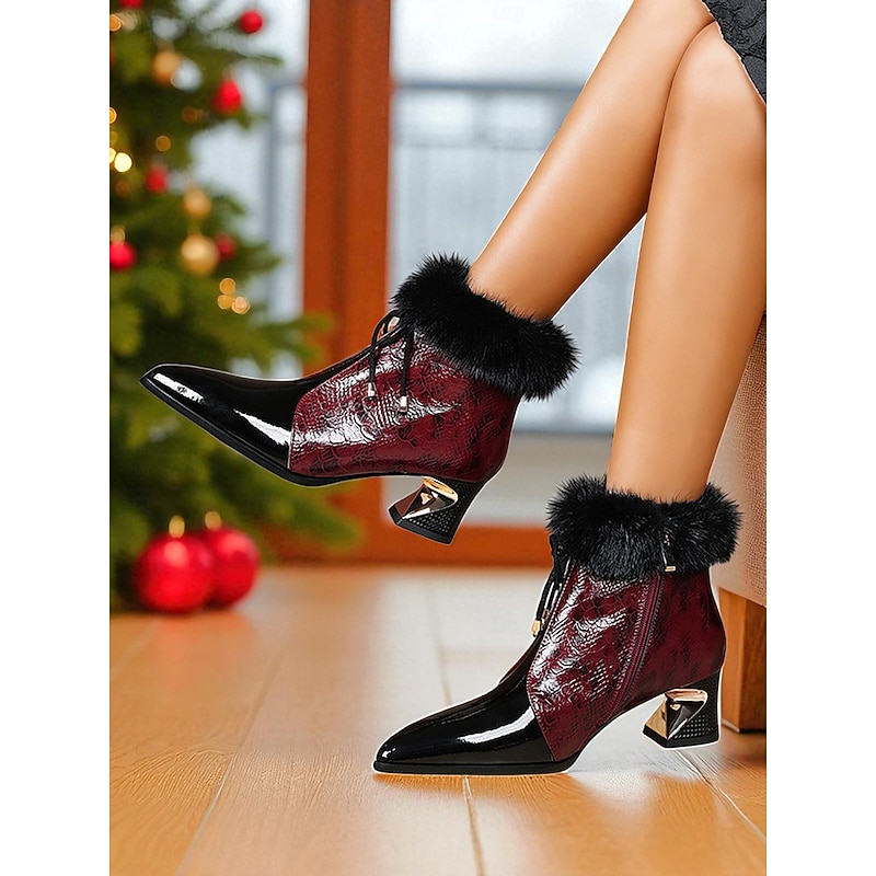 Women's Genuine Leather Ankle Boots with Mink Fur Trim, Patent Spliced Pointed Toe Block Heels, Luxury Winter Party & Evening Shoes3