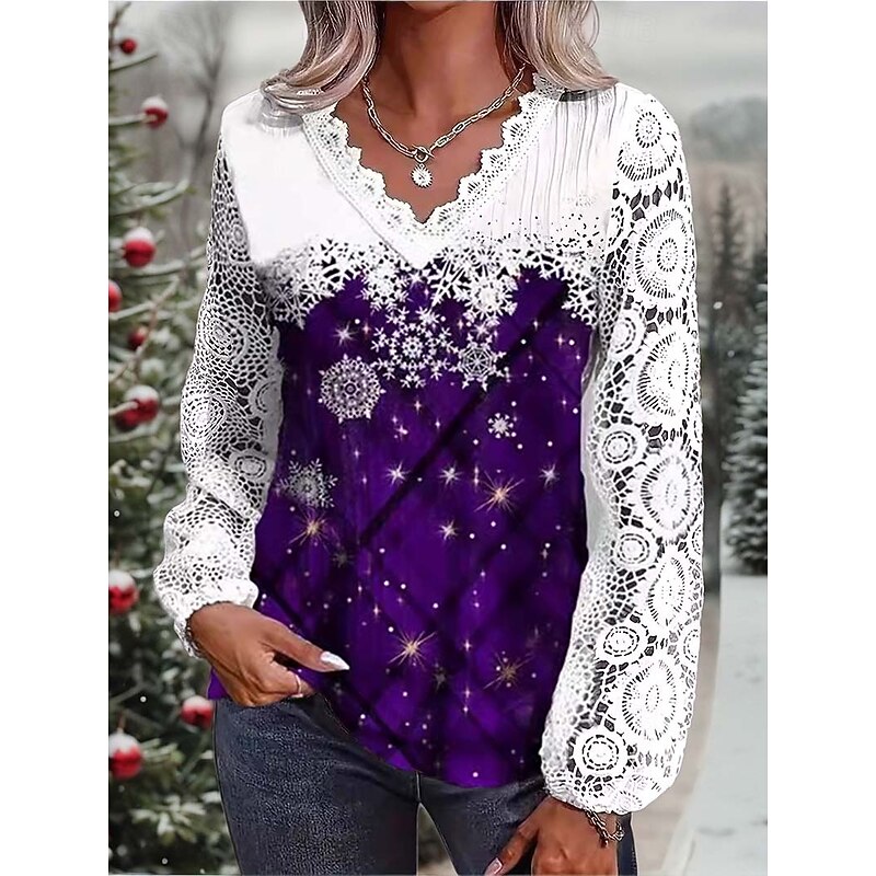 Christmas Women's Shirt Santa Claus Christmas Tree Snowflake Elegant Vintage Cute Long Sleeve V Neck Regular Tops Party Evening Wear Daily Holiday Contrast Lace Patchwork Buttons Red Purple Green3