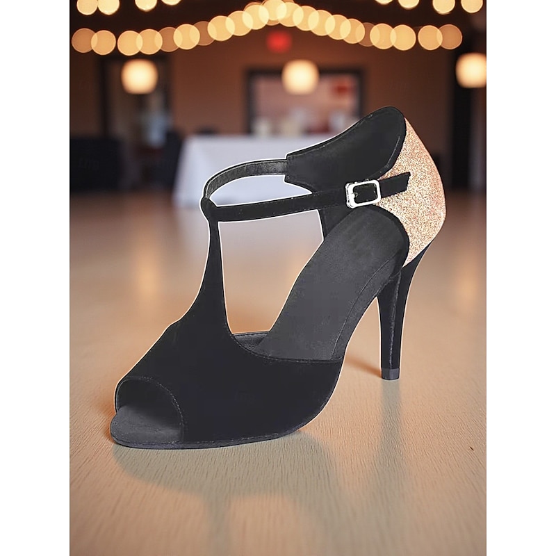 Women's Black and Gold Glitter Ballroom Dance Shoes - Peep Toe T-Strap High Heel Sandals for Gatsby Party & Professional Dance Party3