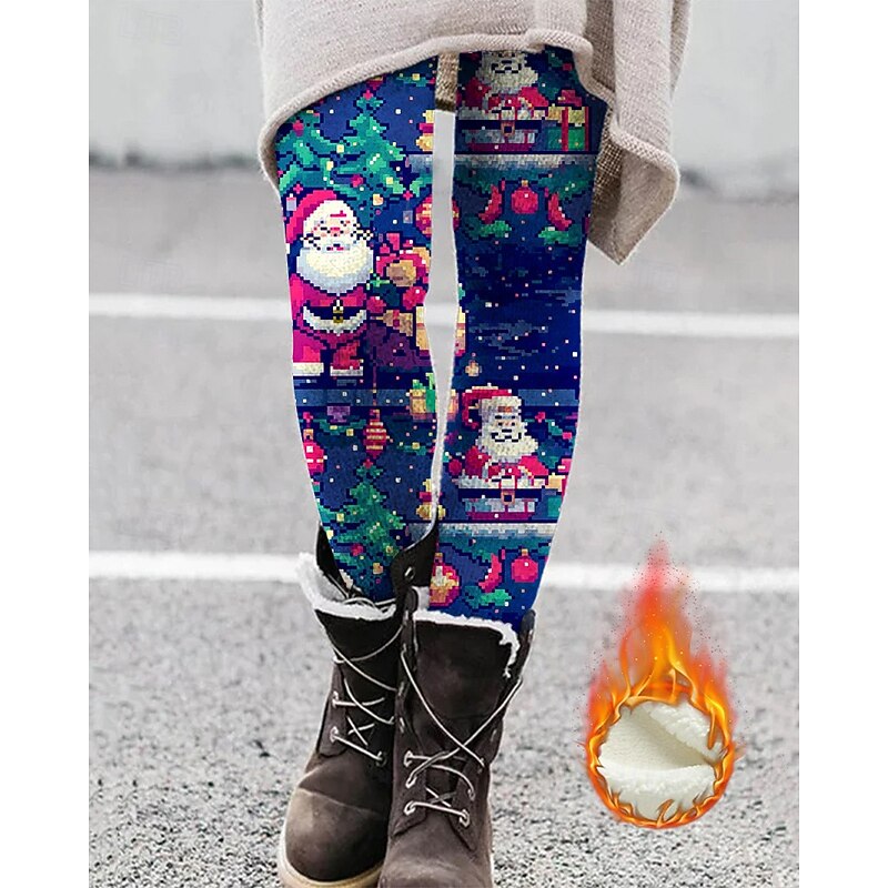 Women's Leggings Cozy Leggings Fashion Streetwear Basic Full Length High Waist Pants Christmas Graphic Santa Claus Printing Fleece Thermal Warm Comfy Stretchy Outdoor Casual Daily Deep Blue Fall
