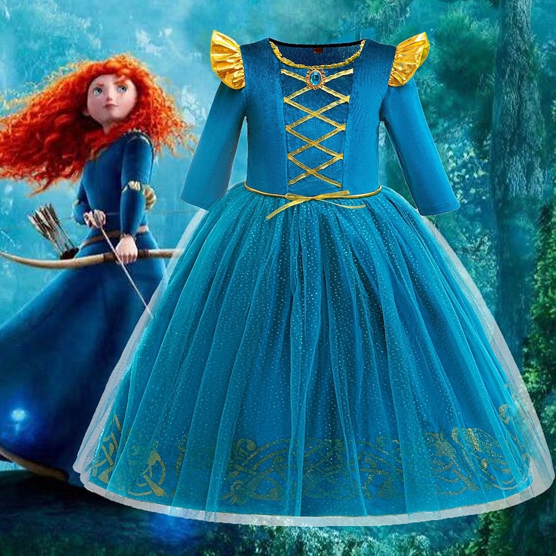 Kids Girls' Dress Solid Color Long Sleeve Performance Party Costume Halloween Costume Sweet Polyester Spring Fall 4-12 Years Blue