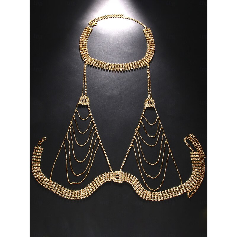 Women's Silver Rhinestone Body Chain Harness, Sparkling Crystal Choker Jewelry Top for Evening Gala, Prom & Party Outfits4