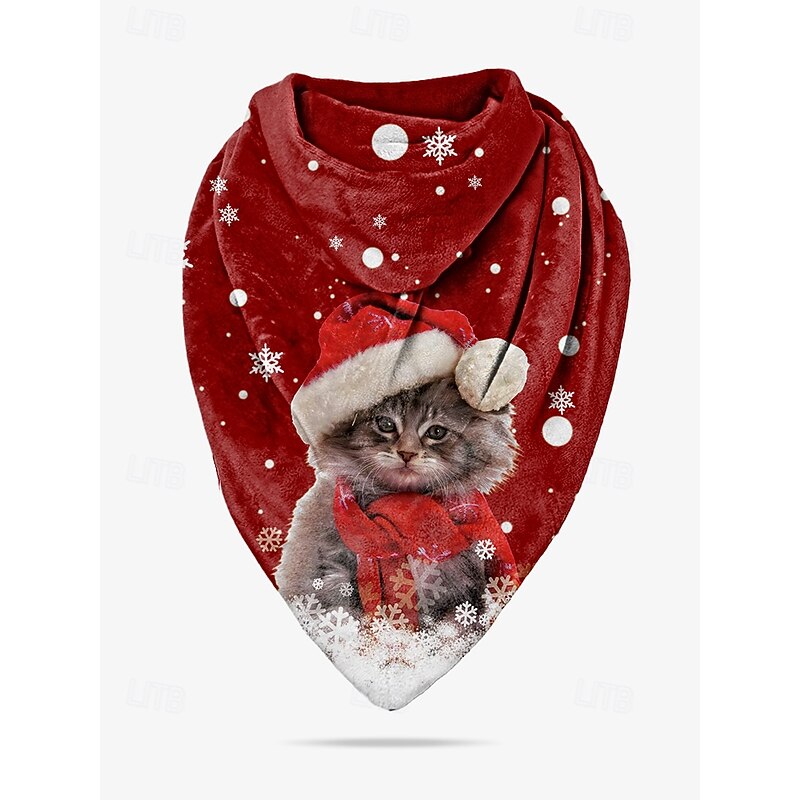 Women's Christmas Cat Print Scarf, Cozy Red Triangle Neck Wrap with Santa Hat Kitten Design, Soft Winter Shawl for Holiday Parties & Gifts4