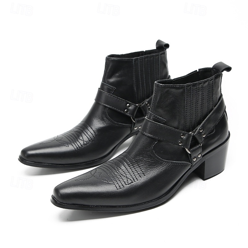Men's Genuine Leather Black Harness Boots with Pointed Toe and Block Heel, Cowhide Motorcycle Cowboy Boots for Stage, Parties and Rock Style Outfits3
