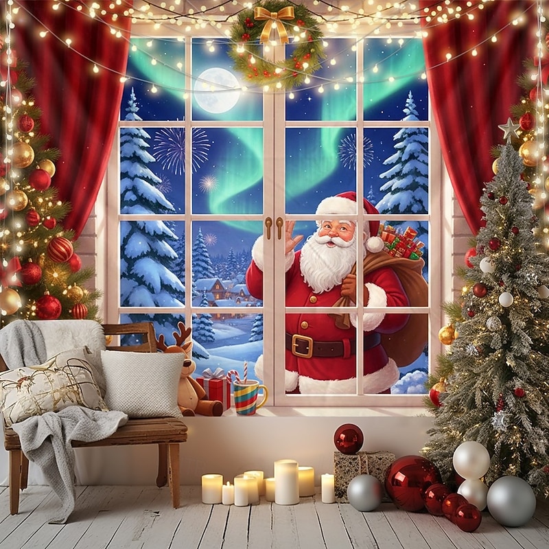 Christmas Hanging Tapestry Santa Claus with Christmas Wreath Aurora Borealis and Christmas Tree Large Wall Art Mural Decor Blanket Curtain Holiday Home Bedroom Living Room Festive Seasonal Decoration2