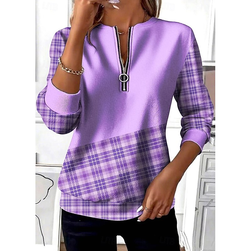Women's Pullover Sweatshirt Zip Up Sweatshirts Graphic Geometric Plaid Fashion Casual Long Sleeve Crew Neck Regular Tops Street Dailywear Zipper Print Purple Brown Gray Fall Winter3