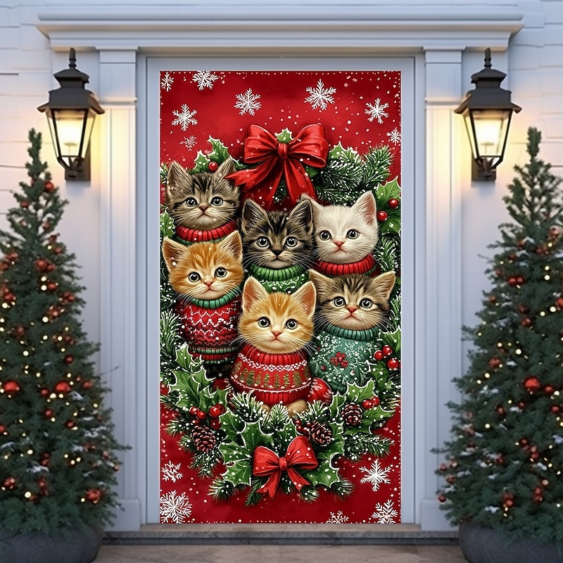 Christmas Door Cover Winter Holiday Decoration Drapes with Cat in Christmas Sweater Festive Holiday Colors Print for Home Entryway Living Room Bedroom Indoor Outdoor Seasonal Decor