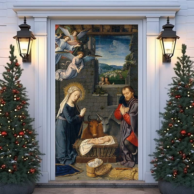 Christmas Door Cover Winter Holiday Decoration Drapes Featuring Jesus Nativity Scene Print for Home Entryway Living Room Bedroom Indoor Outdoor Festive Seasonal Religious Home Decor