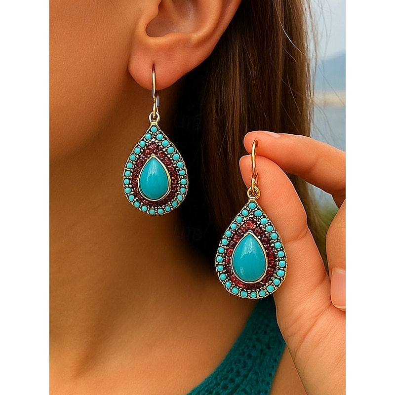 Women's Bohemian Teardrop Dangle Earrings with Colorful Gemstone Accents, Vintage Ethnic Style Jewelry for Casual Wear, Parties and Festivals