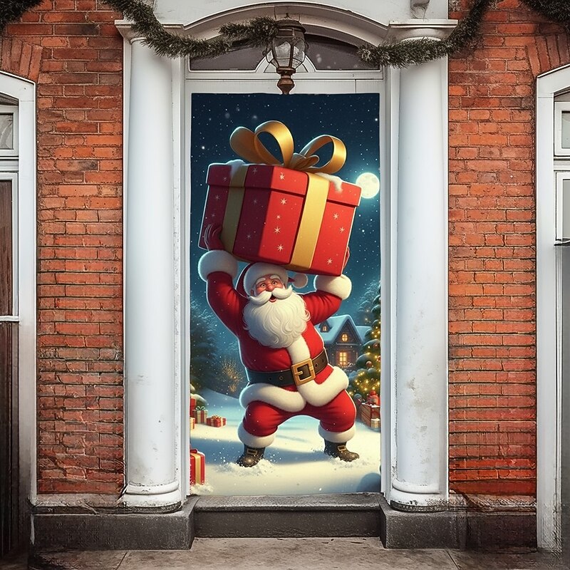 Christmas Door Cover Winter Holiday Decoration Drapes with Santa Claus Carrying Large Christmas Gift Sack Print for Home Entryway Living Room Bedroom Indoor Outdoor Festive Seasonal Home Decor3