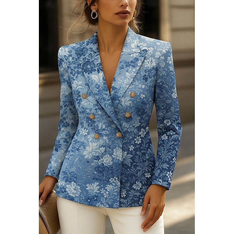 Women's Blazer Warm Comfortable Buttons Vintage Fashion Classic Modern Floral Formal Vacation Home Casual Double Breasted Regular Notch Lapel Regular Fit Long Sleeve Outerwear Blue Purple Green2