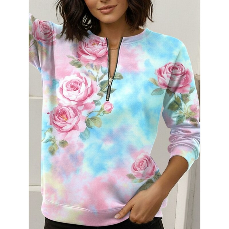 Women's Pullover Sweatshirt Zip Up Sweatshirts Floral Fashion Casual Long Sleeve Crew Neck Regular Tops Street Dailywear Casual Zipper Print Blue Spring Fall Winter