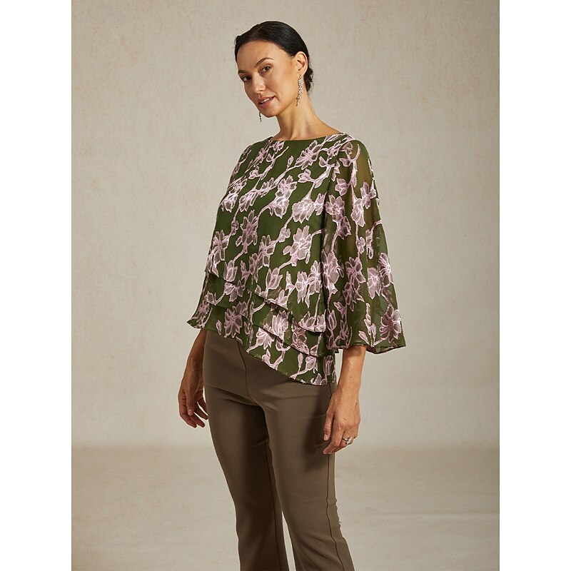 Women's Blouse Chiffon Tops Floral Elegant Stylish Casual Crew Neck Regular Tops Wedding Guest Date Night Outfits Cocktail Attire Lace Green Spring Fall Winter