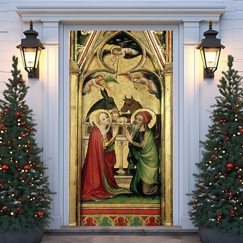 Christmas Door Cover Winter Holiday Decoration Drapes with Nativity Scene Featuring Virgin Mary Baby Jesus Angel Messenger Horse and Donkey Print for Home Entryway Living Room Bedroom Indoor Seasonal3