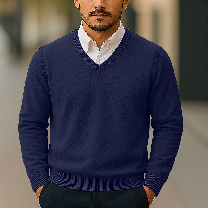 Men's Sweater Pullover Sweater Jumper Ribbed Knit Regular Tops Knitted Slim Fit Plain V Neck Knitwear Contemporary Casual Daily Wear Clothing Apparel Fall Camel Black S M L3