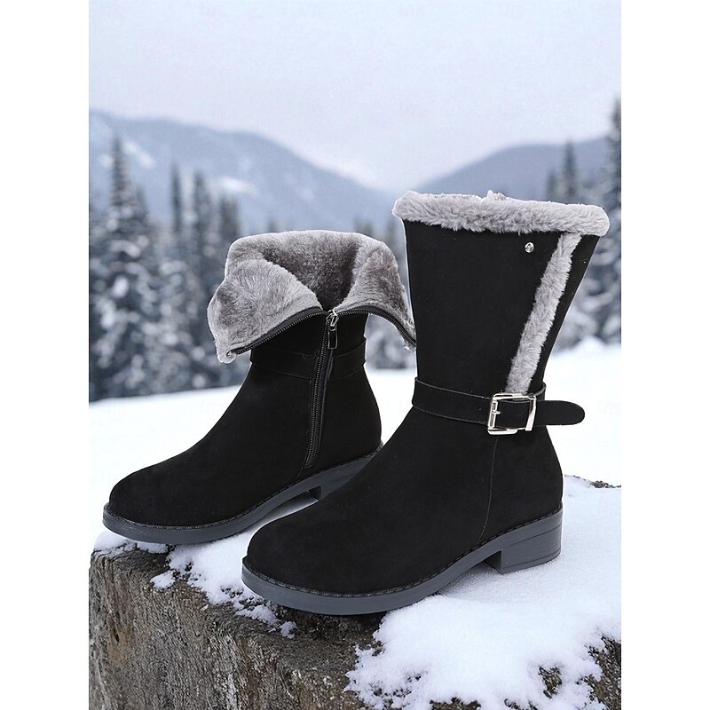 Women's Black Mid-Calf Snow Boots with Faux Fur Lining and Side Zipper, Warm Faux Suede Winter Boots with Buckle Strap for Outdoor Casual Wear4