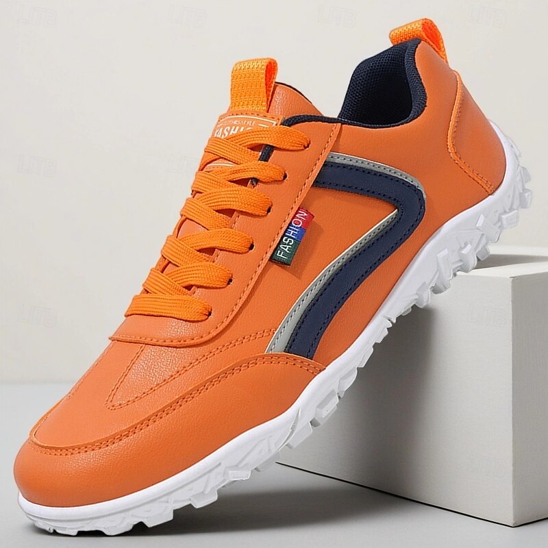 Men's Orange Lightweight Running Sneakers with Contrast Navy Stripes, Breathable Sports Shoes for Gym, Outdoor Training and Daily Walking