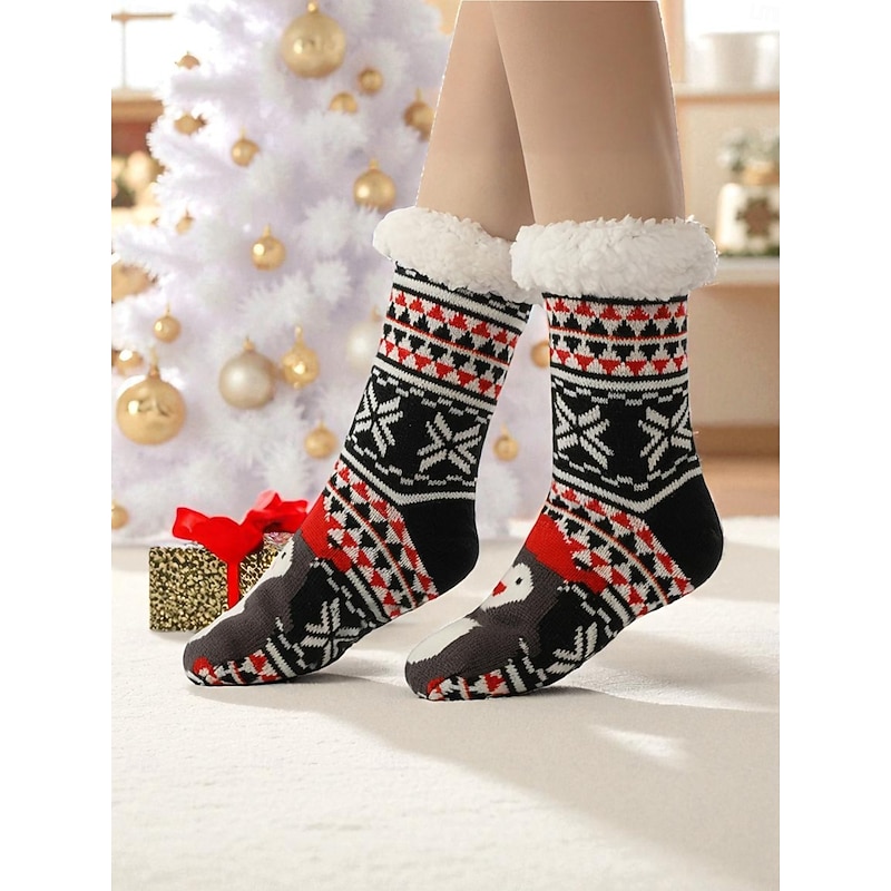 Women's Christmas Fuzzy Knit Socks, Red Reindeer Snowflake Pattern Warm Winter Slipper Socks with Plush Lining for Holiday Gifts & Homewear3