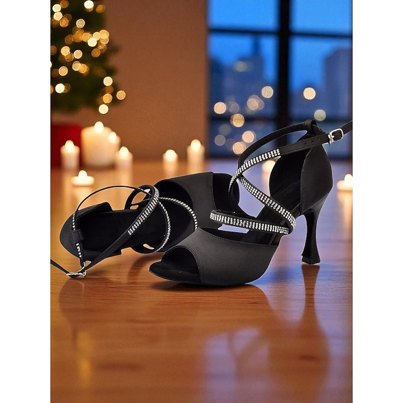 Women's Black Satin Rhinestone Strappy Latin Dance Shoes - Open Toe High Heel Sandals for Gatsby Party & Ballroom Dance4