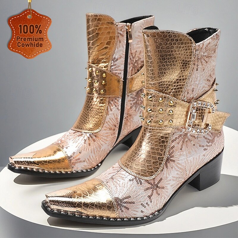 Men's Gold Genuine Leather Crocodile Pattern Cowboy Boots with Metal Studs and Side Zipper, 100% Cowhide Western Boots for Parties, Shows and Concerts