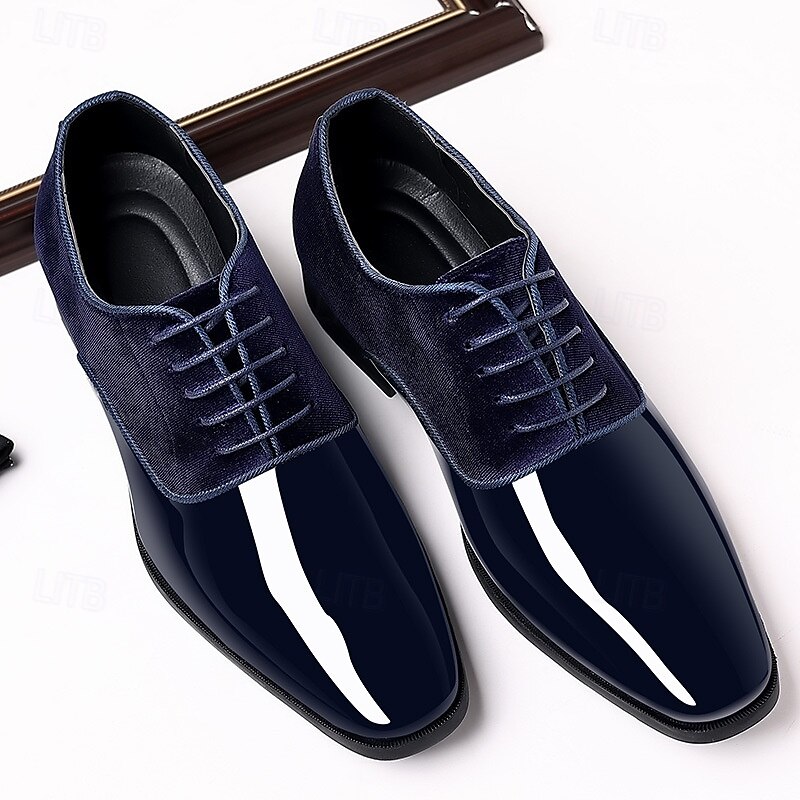 Men's Navy Blue Patent Leather Oxford Dress Shoes with Suede Contrast Panels, Elegant Pointed Toe Formal Shoes for Business and Evening Events3