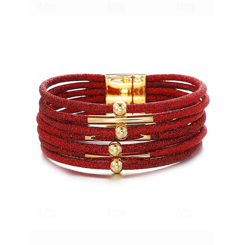 Women's Christmas Red Multi-Layer Bracelet with Gold Magnetic Clasp, Sparkly Glitter Cuff Jewelry for Holiday Parties & Festive Outfits2