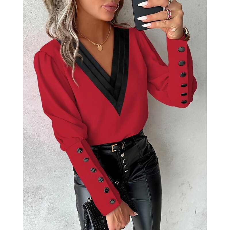 Christmas Women's Shirt Solid Color Plain Elegant Vintage Daily Long Sleeve V Neck Regular Tops Work Party Evening Wear Daily Patchwork Print White Pink Wine Khaki Spring Fall Winter Spring, Fall