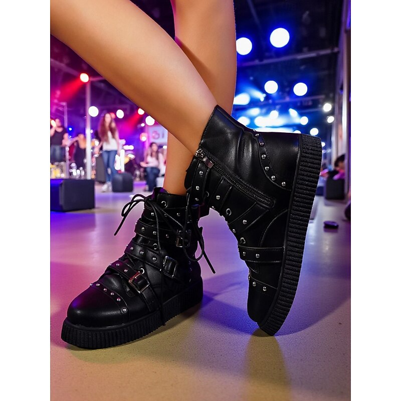 Women's Black Faux Leather Punk Biker Boots with Buckles & Studs, Gothic Lace-Up Platform Ankle Booties for Concerts, Parties & Streetwear Fashion3