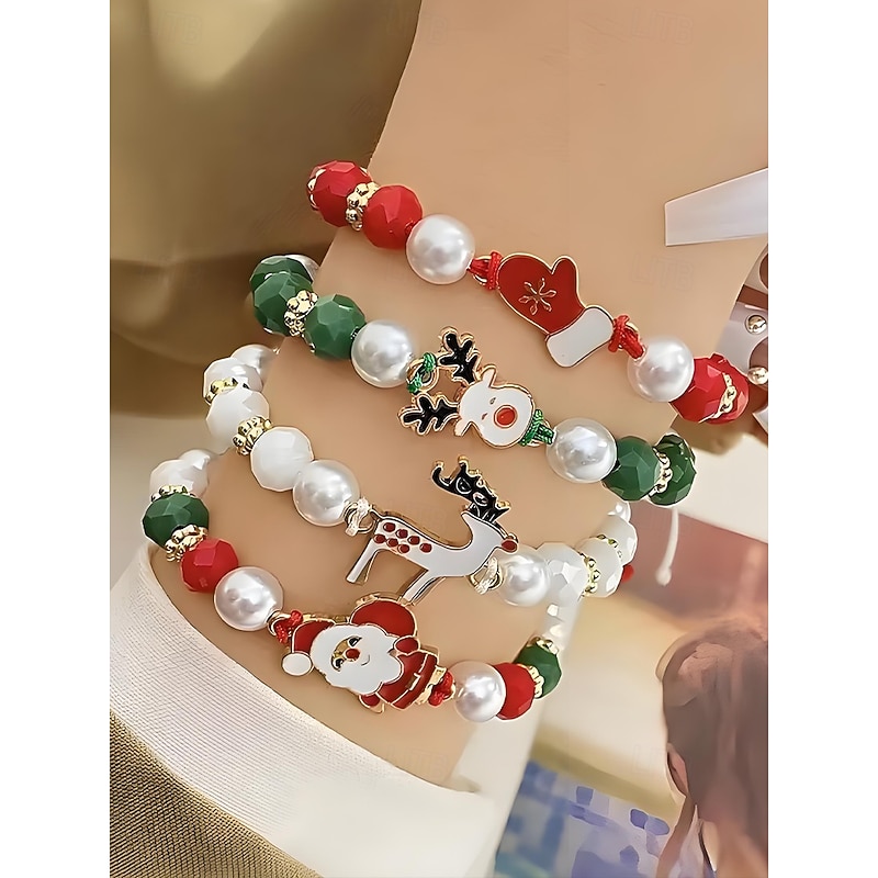Women's Christmas Beaded Bracelet Set with Santa, Reindeer & Snowman Charms, Red Green Pearl Stretch Bracelets, Festive Holiday Jewelry Gift for Her2