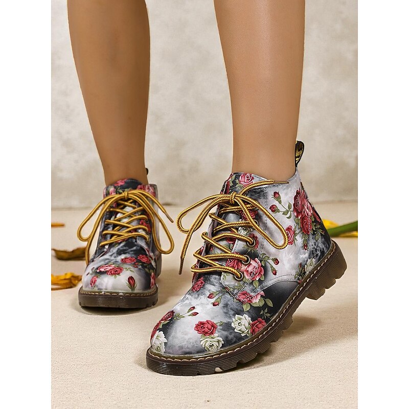 Women's Floral Lace-Up Ankle Boots with Non-Slip Sole, Vintage Print Casual Combat Style Shoes for Comfortable Outdoor Walking & Daily Wear4