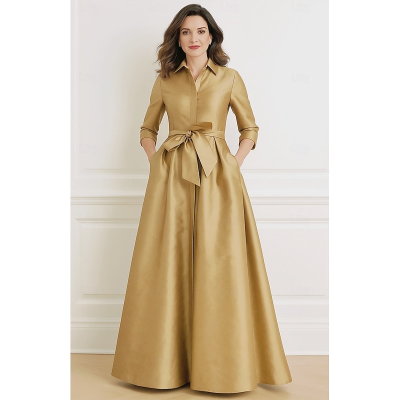 A-Line Mother of the Bride Evening GownGold Minimalist Dress Formal Wedding Guest Floor Length Half Sleeve Shirt Collar Satin with Bow(s) Pleats