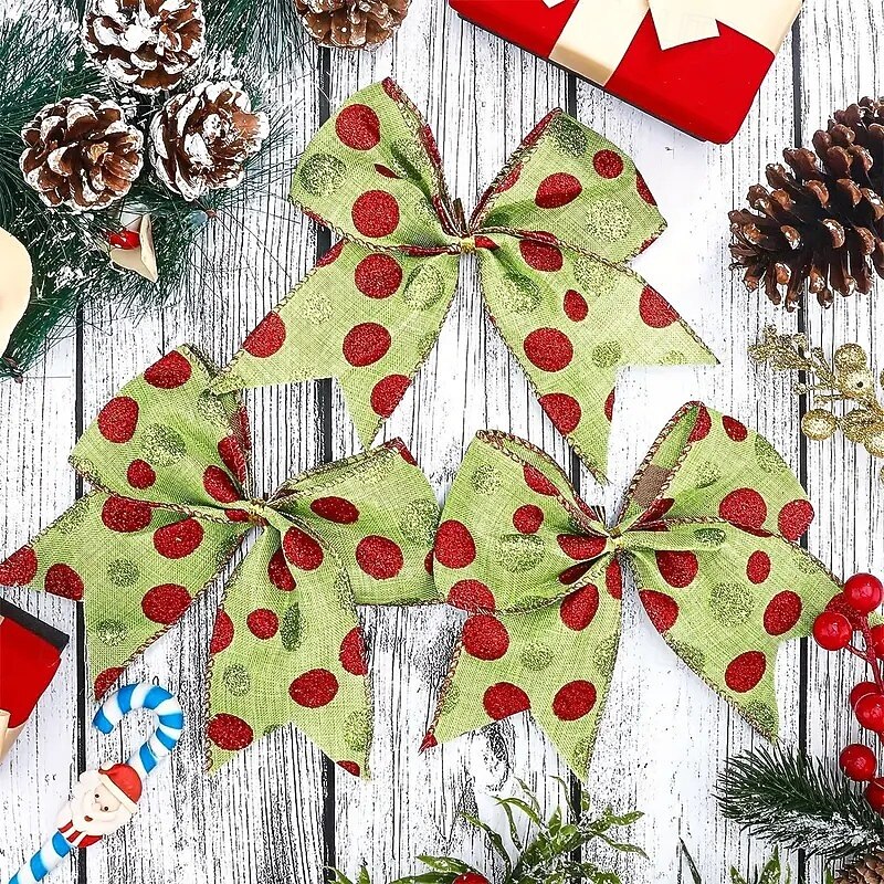 10pcs Christmas Ribbon Bows Ornaments Xmas Tree Decorations – 6-Inch Bright Red & Green Polka Dot Bows, Durable Polyester, Easy to Hang, Perfect for Tree, Gifts, Party and Holiday Home Decor2
