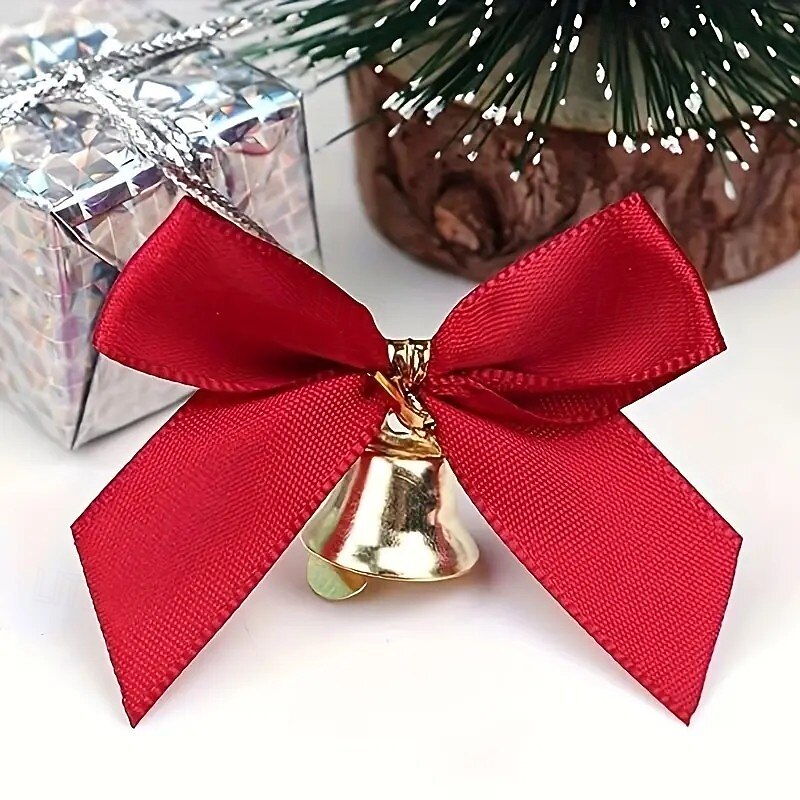30pcs Christmas Ribbon Bows Ornaments Xmas Tree Decorations – Red Satin Mini Bows with Bells, Handmade, Shiny Metallic Accents, Perfect for Gifts, Party and Holiday Decor4