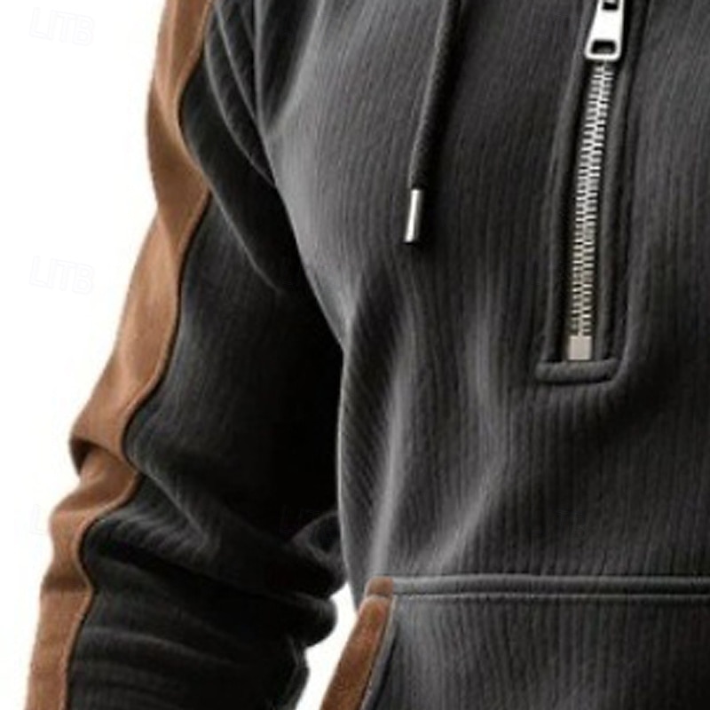 Men's Hoodie Quarter Zip Hoodie Fleece Hoodie Fleece lined Hoodie Ribbed Knit Dark Gray Hooded Plain Patchwork Color Block Sports & Outdoor Casual Daily Streetwear Cool Sportswear Winter Clothing2