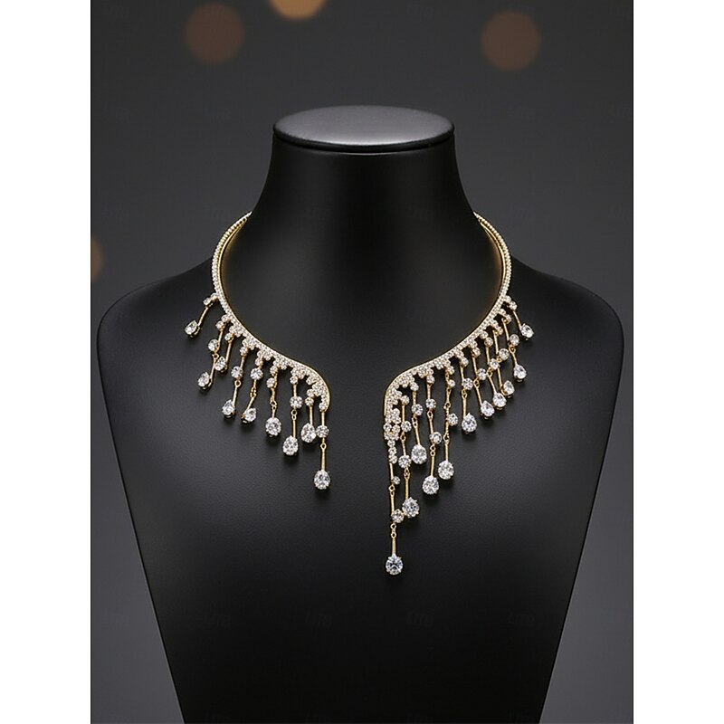 Women's Gold Rhinestone Statement Necklace, Elegant Crystal Drop Choker Jewelry for Evening Gala, Wedding & Party Outfits