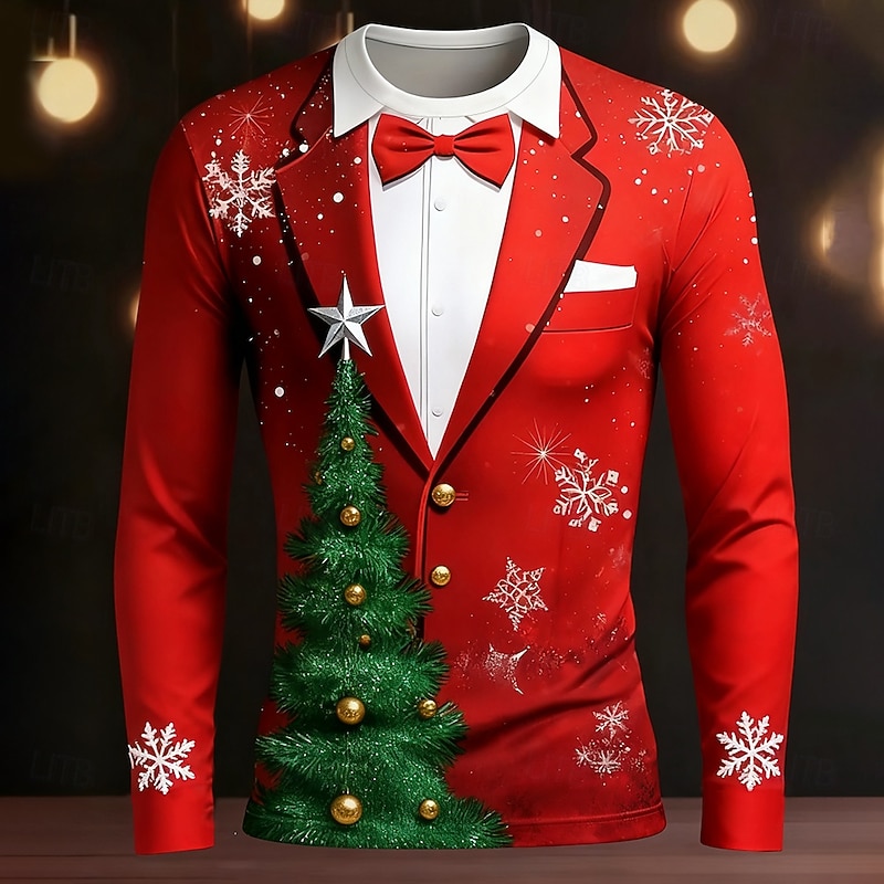Christmas Men's Tuxedo Costume T Shirt Long Sleeve T shirt 3D Print Crew Neck Shirt Fashion Basic 3D Street Casual Daily Red Red 2 Summer Spring Clothing Apparel S M L XL XXL XXXL2