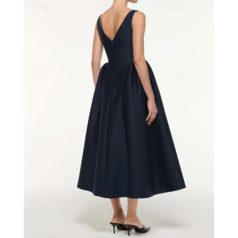 A-Line Cocktail Dresses Elegant Dress Formal Wedding Tea Length Sleeveless Boat Neck Satin with Pleats Pocket2