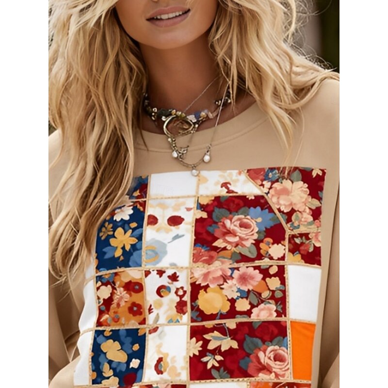 Women's Pullover Sweatshirts Floral Plaid Fashion Streetwear Casual Long Sleeve Crew Neck Regular Tops Dailywear Casual Print Khaki Spring Fall3