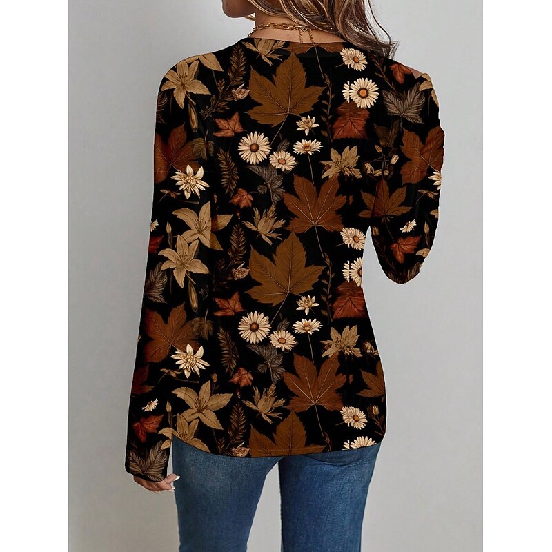 Women's T Shirt Floral Graphic Vintage Stylish Classic Long Sleeve V Neck Regular Tops Daily Print Brown Spring Fall3