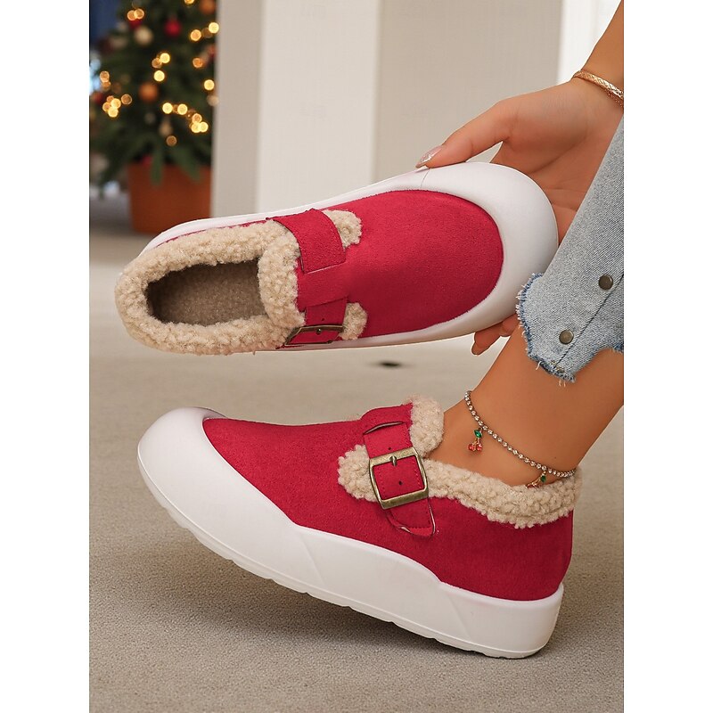 Women's RedFaux Suede  Wide Fit Slip-On Shoes with Warm Plush Lining and Buckle Detail, Cozy Winter Casual Footwear for Indoor & Outdoor Wear3