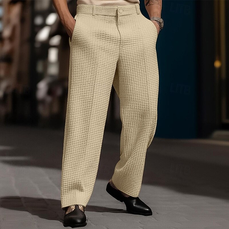 Men's Trousers Dress Pants Baggy Pants Waffle Pants Pocket Wide Leg Plain Breathable Full Length Outdoor Party Business Vacation Fashion Black White Inelastic