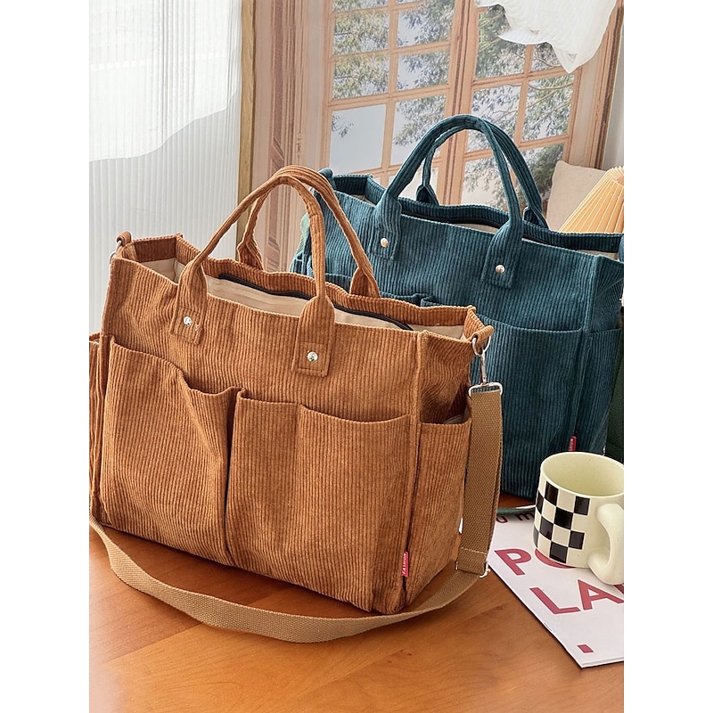 Women's Corduroy Tote Bag with Multiple Pockets, Casual Vintage Shoulder Handbag, Large Capacity Crossbody Purse for Daily Use, Work, Travel & Shopping