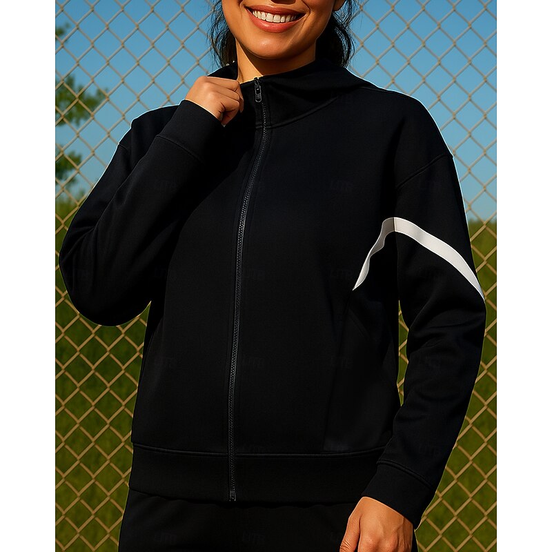 Women's Running Jacket Outdoor Jacket Running Coat Full Zip Long Sleeve Outerwear Athletic Color Block Sun Protection Quick Dry Lightweight Breathable Tennis Golf Running Sportswear Activewear Black