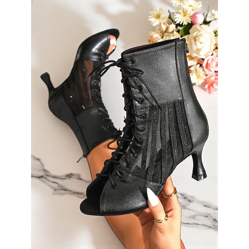 Women's Black Lace-Up Peep Toe Ankle Boots, Mesh High Heel Dance Shoes for Evening Gala, Prom & Party Outfits3