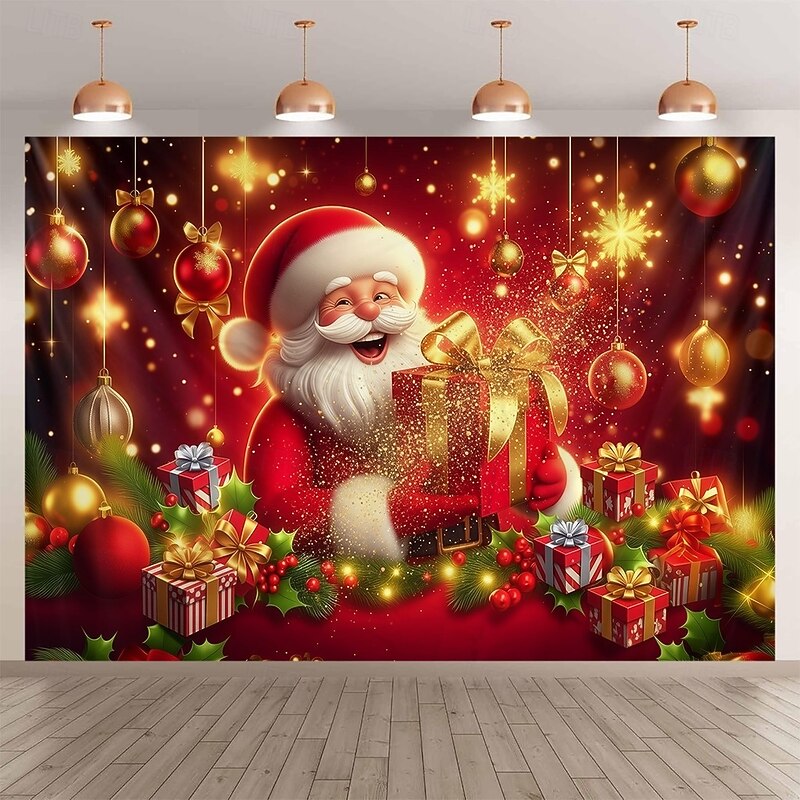 Christmas Hanging Tapestry Santa Claus Holding Gifts with Shiny Christmas Ornaments Sparkling Gold Print Large Wall Art Mural Decor Blanket Curtain Holiday Home Bedroom Living Room Festive Decoration