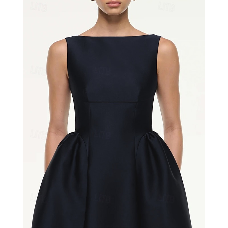 A-Line Cocktail Dresses Elegant Dress Formal Wedding Tea Length Sleeveless Boat Neck Satin with Pleats Pocket3