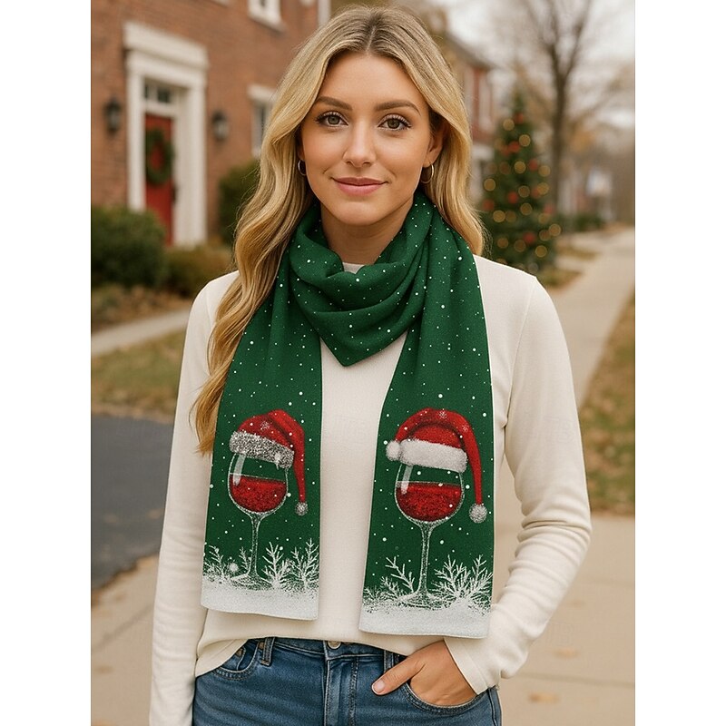 Women's Christmas Wine Glass Scarf, Soft Winter Shawl with Santa Hat Print, Cozy Holiday Neck Wrap for Festive Parties & Gifts, Multiple Colors3